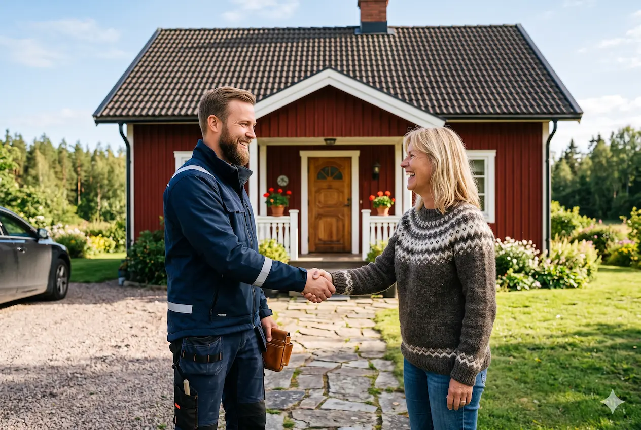 Hantverkare i arbetskläder skakar hand med en kund framför ett rött hus